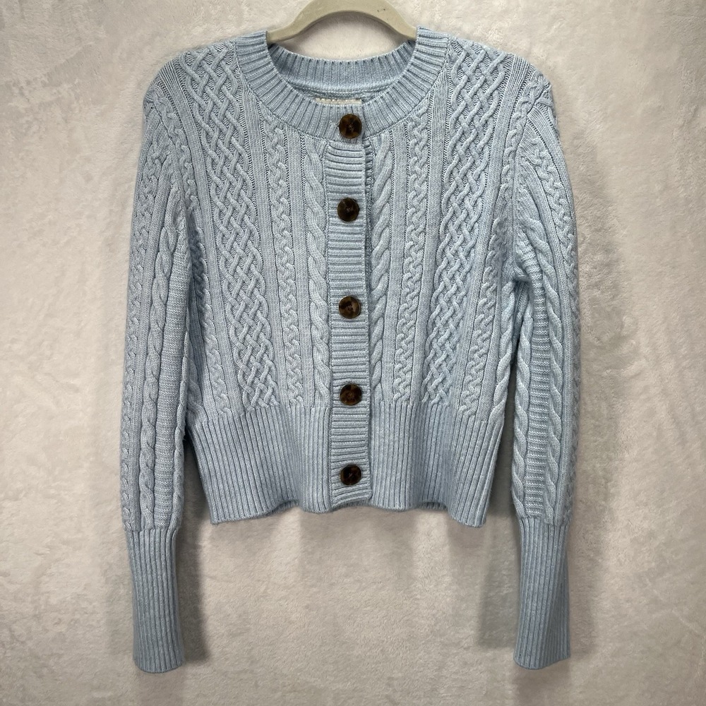Rachel Zoe Cable Knit Cardigan Womens Medium Lt Blue Cozy Tortoiseshell Buttons